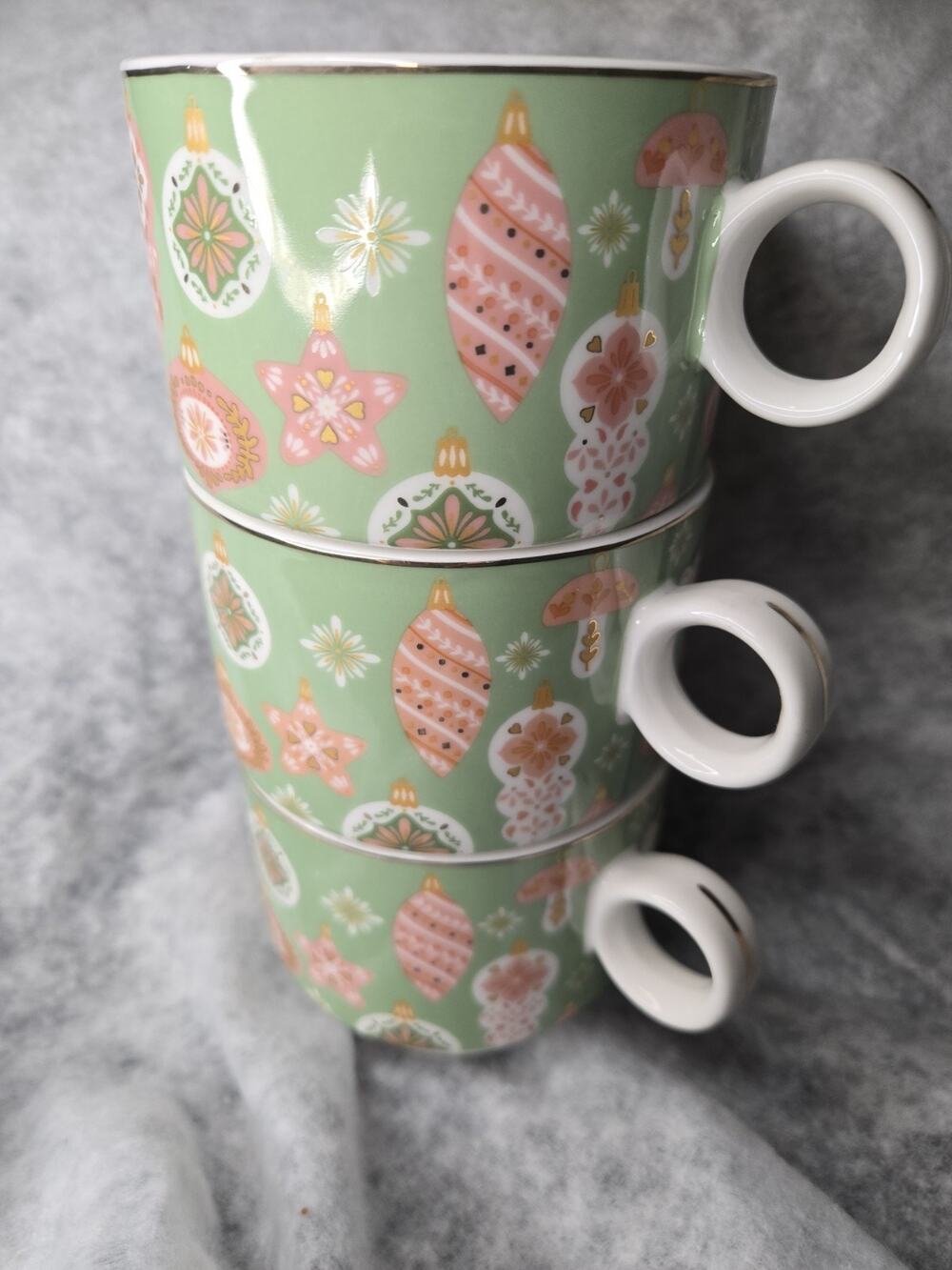 Set~3 Grace Teaware Fine Porcelain Stack 8 oz Christmas Ornament Mugs